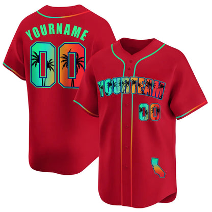 CUSTOM RED GREEN CALIFORNIA BEACH BASEBALL JERSEY - EMBROIDERED